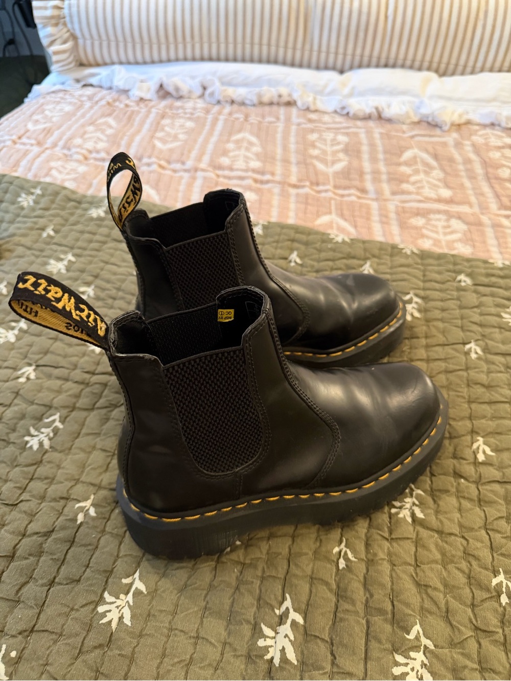 Dr. Martens Black Leather Chelsea Platform Booties with Yellow Stitching